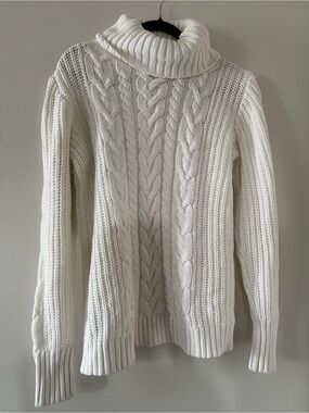 Gap White 100% Cotton Cable Knit Turtleneck Chunky Sweater Medium Fisherman